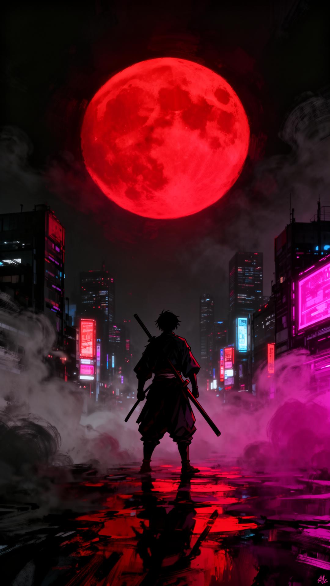 Samurai silhouette under a crimson moon in a neon-lit Tokyo skyline